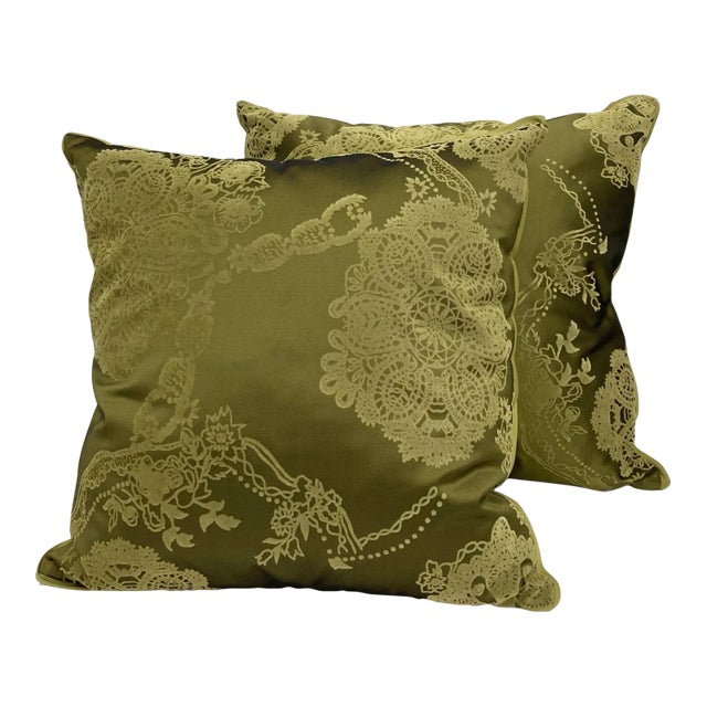 Contemporary Olive Green Flocked Pillows - Set of 2 For Sale