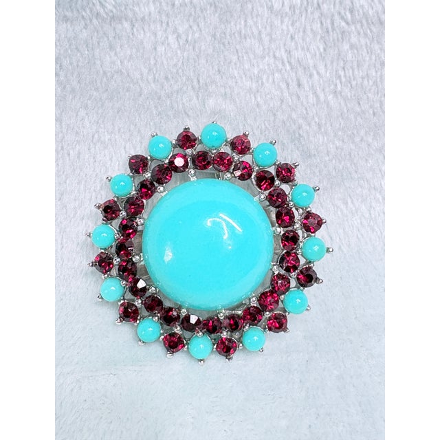 Glass 1950s Crown Trifari Turquoise Cabochon Necklace and Convertible Brooch Pendant Set For Sale - Image 7 of 10