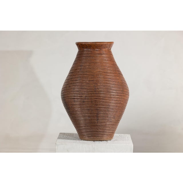 Ribbed Vintage Pottery Vase With Burnished Surface For Sale - Image 12 of 18