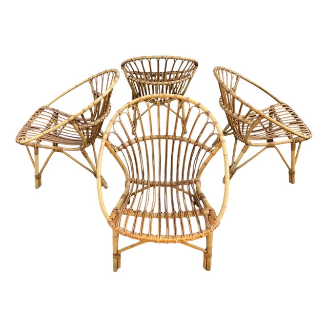 Vintage Rattan Basket Garden Chairs, France 1960s, Set of 4 For Sale
