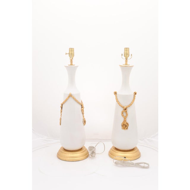 White Pair of Large Signed Italian Marbro Ceramic + Gilt Tassel Lamps, 1960s For Sale - Image 8 of 12