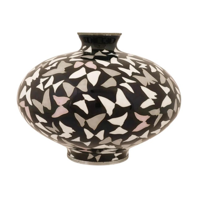 Signed Japanese Cloisonne Enamel Black Ground Butterfly Vase For Sale - Image 4 of 8