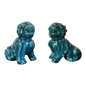 Antique 18th Century Chinese Turquoise Peacock Blue Porcelain Foo Dog Lion Joss Stick Holders - a Pair