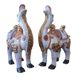 Vintage White and Gold Trim Tang Dynasty Style Camels, Mid-Century Decorative Bactrian Tomb Camels- Set of 2