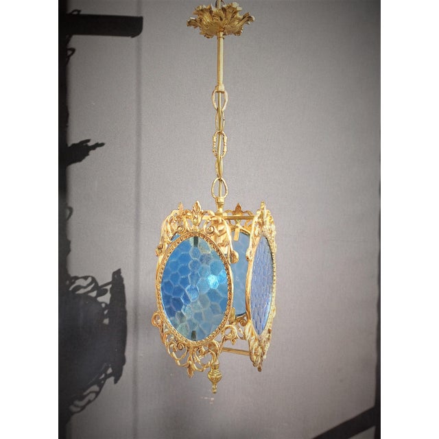 1960s Ceiling Light Vintage French Brass Blue Glass Chandelier For Sale - Image 6 of 14