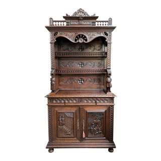 19th Century French Carved Oak Sideboard Cabinet Bookcase Breton Brittany Antique For Sale