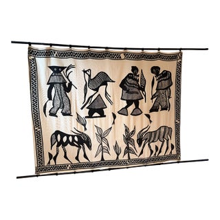 Vintage African Tribal Storytelling Tapestry Wall Hanging, Black & White For Sale