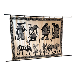 Vintage African Tribal Storytelling Tapestry Wall Hanging, Black & White