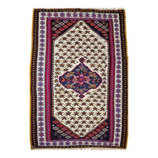 Vintage Persian Senneh Kilim Area Rug, Handwoven Wool, Floral Pattern, Ivory & Red, 3x5 For Sale