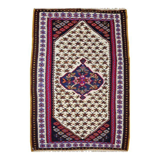 Vintage Persian Senneh Kilim Area Rug, Handwoven Wool, Floral Pattern, Ivory & Red, 3x5 For Sale