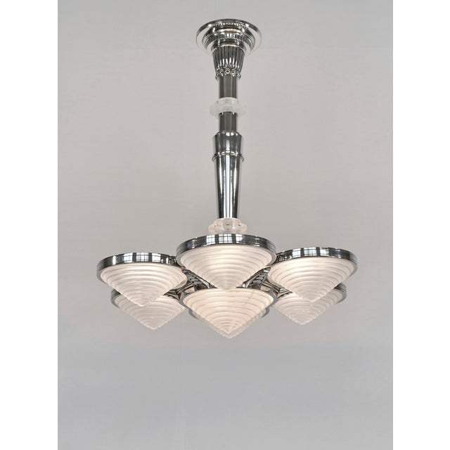 Georges Leleu French Art Deco Chandelier 1930s - Nickeled Bronze 6-Light Stepped Cone For Sale - Image 11 of 17