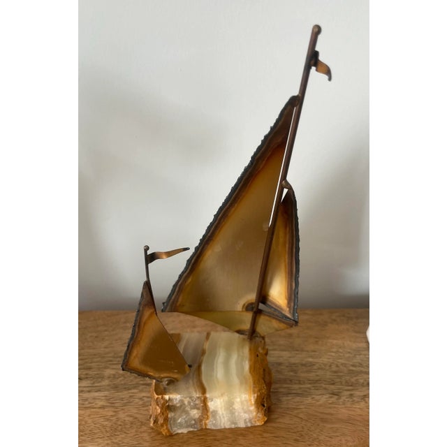 Metal 1970s Vintage Brutalist Brass Sailboat Sculpture on Onyx Base Signed-Mario Jason For Sale - Image 7 of 9