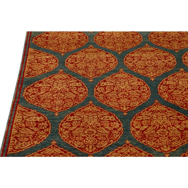 Blue Transitional Sari Silk Handmade Rusted Floral Pattern Designed Runner For Sale - Image 4 of 10