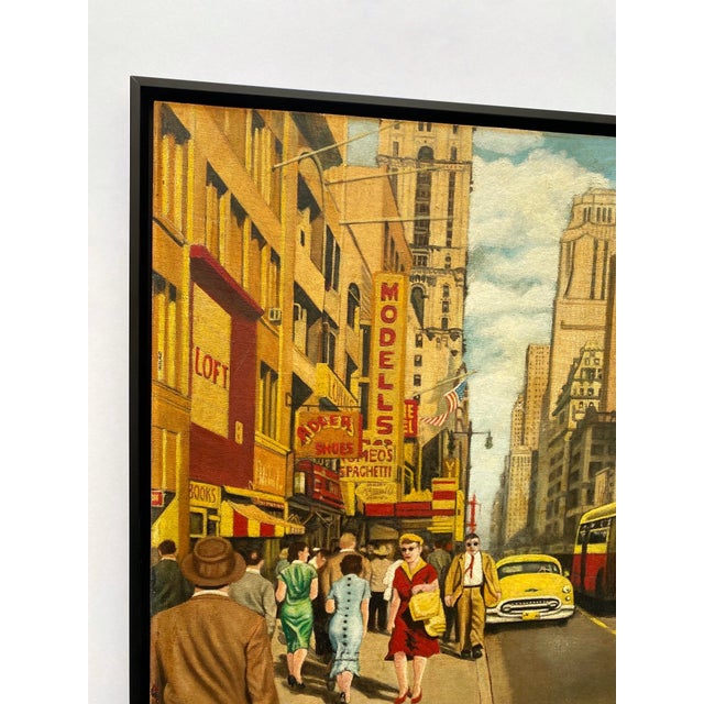 Various Artists Dave Milton Vintage 1959 Mid Century Modern Edward Hopper Style " 42nd Street and Fifth Avenue, New York City " Framed Original Realist Oil Painting For Sale - Image 4 of 18