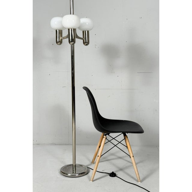 Mid-century floor lamp, italy, 1970s, chrome-plated metal construction with opal glass shades, 3 light sources, dimensions...