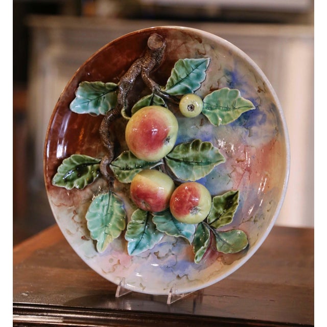 Decorate a kitchen wall or a breakfast room with this large antique majolica plate. Sculpted in France circa 1880 in the...