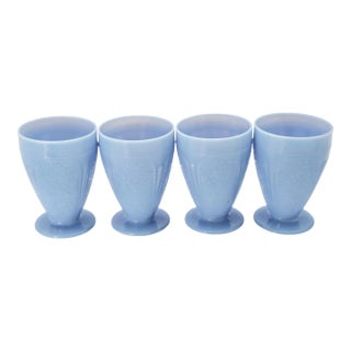 1930s Jeanette Glass Delphite Blue Cherry Blossom Footed Juice Tumblers, Set of Four For Sale
