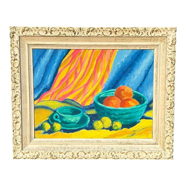 Vintage Impressionist Still-Life Oil Painting Bright Colors Oranges Yellow & Blue For Sale