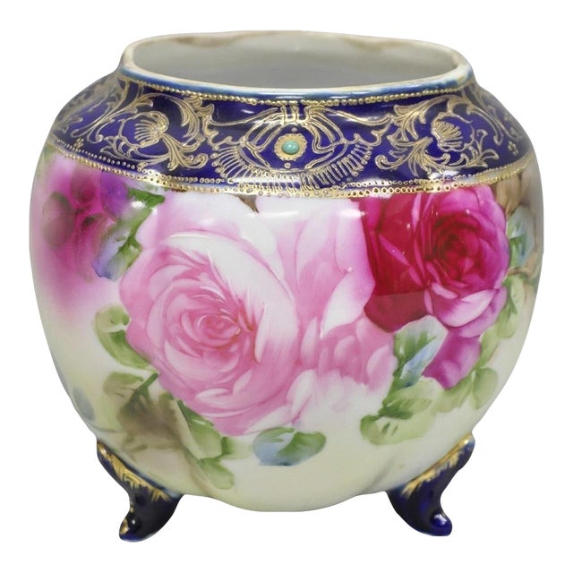 Antique Nippon Hand Painted Moriage Pink Rose Porcelain Biscuit Jar Vase For Sale