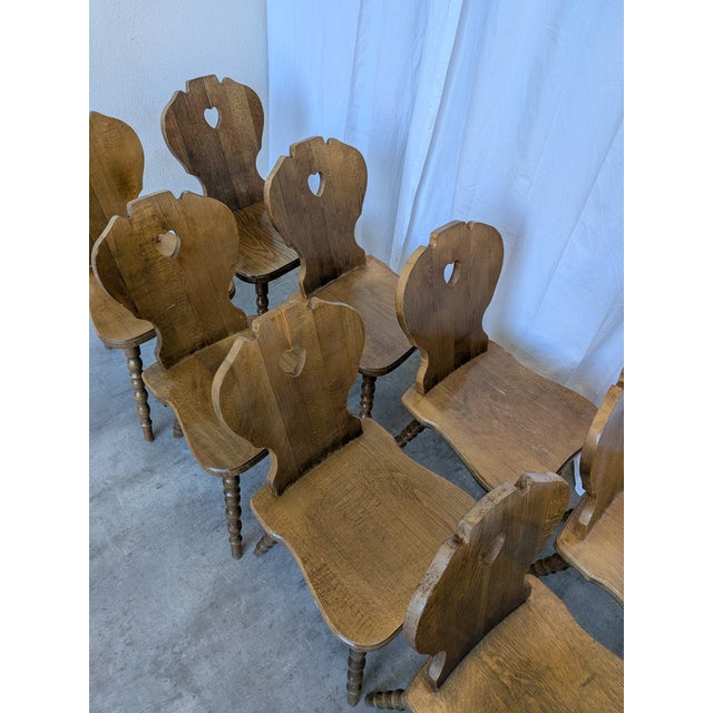 Vintage Tyrolean Farmhouse Heart Cutout Wooden Dining Chairs, 1970s, Set of 8 For Sale - Image 16 of 18