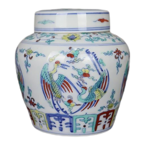 Early 20th Century Chinese Ceramic Tea Jar China Blue and White Doucai Porcelain Chenghua Tian Marked Jar Hand Painted Phoenixes Pattern