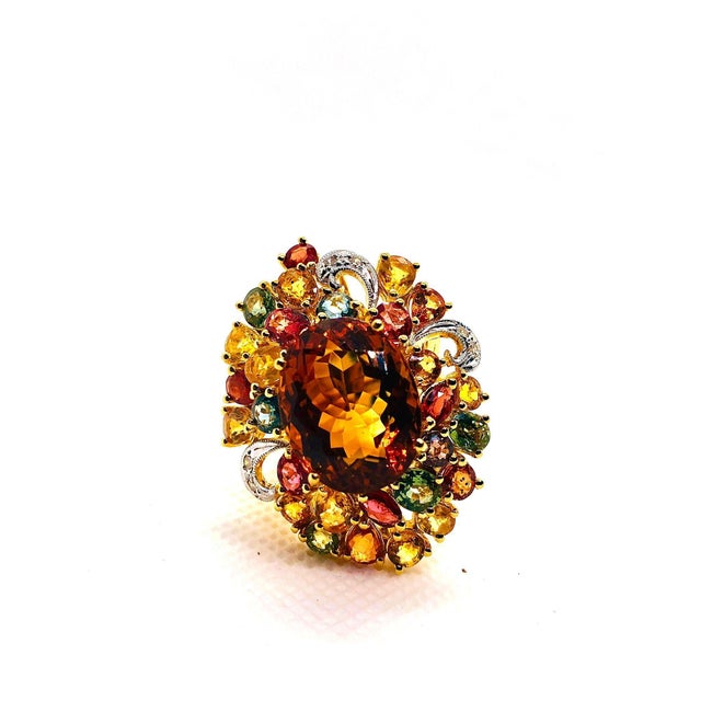 Bochic “Orient” Vintage Natural Citrine, Diamond & Sapphire Ring Set In 18K Gold For Sale - Image 9 of 12
