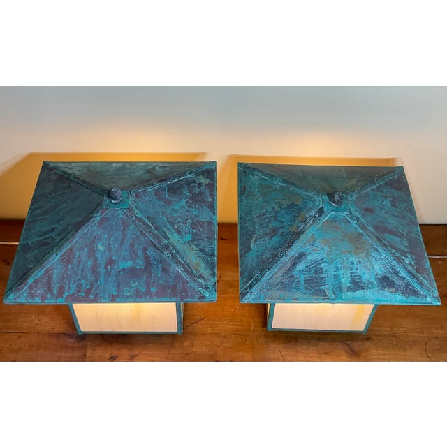 Stunning Pair of Artisan Copper & Slag Glass Mission/Arts & Crafts Table Lamps For Sale - Image 16 of 18