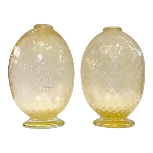 Pair of Early 21st Century Modern Italian Gold Honeycomb Murano Glass Organic Round Vases