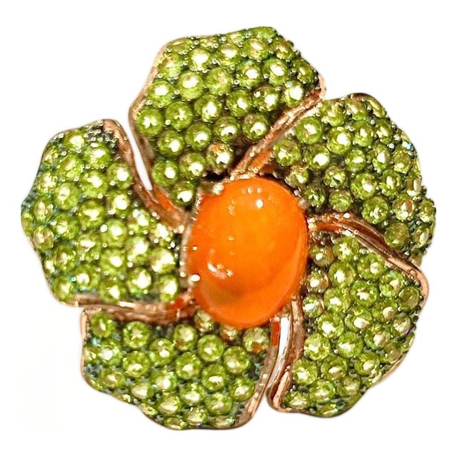 Bochic "Orient" Orange Opal & Multi Peridot Cocktail Ring Set 18K Gold&Silver For Sale