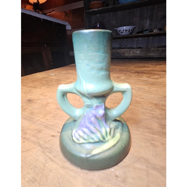 Art Deco 1940s Roseville Green Freesia Single Candle Holder For Sale - Image 3 of 8