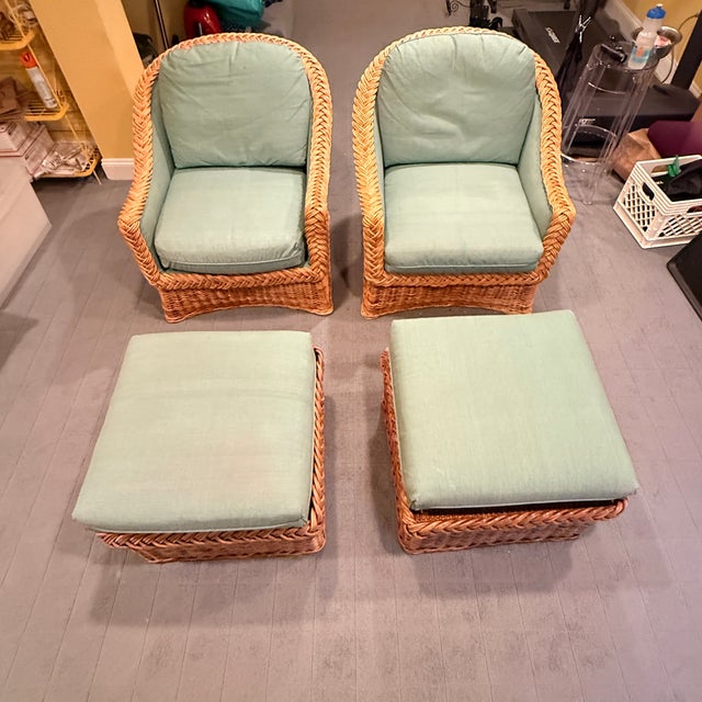 Wood Pair of Round Back Rattan Lounge Chairs With Matching Ottomans For Sale - Image 7 of 12