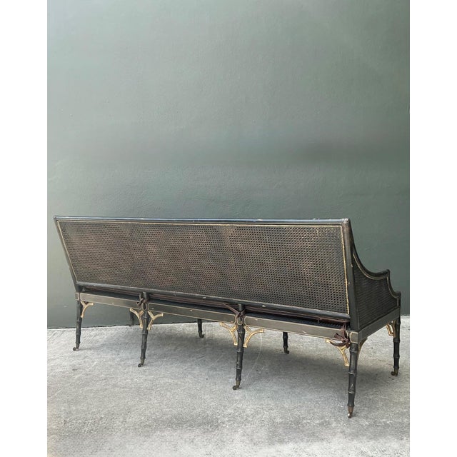 Wood Vintage Leather Cushion Cane Settee For Sale - Image 7 of 17