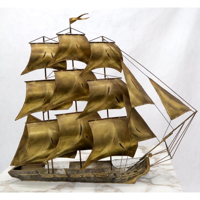 Mid-Century Modern Brass or Bronze Sheet Metal Wall Art Sculpture of a Sail Boat For Sale - Image 3 of 9