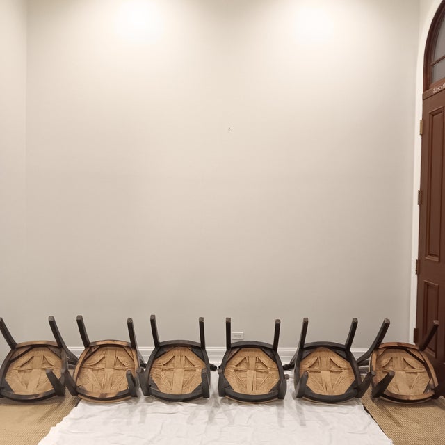 Mid 20th Century Vintage French, Country Black Dining Chairs With Rush Seat - Set of 6 For Sale - Image 5 of 18