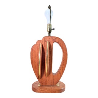 Vintage Mid-Century Modern Oak & Brass Sculptural Table Lamp — Cutout Base, Abstract Harp Shape For Sale