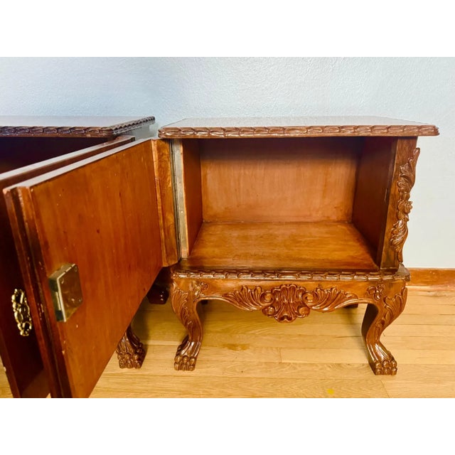 Mid 20th Century Pair of Carved Wood French Style Nightstands End Tables Figured Veneer Cabinets For Sale - Image 6 of 12
