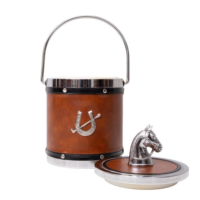 Very nice Ice Bucket A striking vintage 1970s equestrian ice bucket, featuring a chrome horse head lid, faux leather...