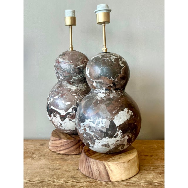 This exquisite pair of vintage double-gourd table lamps is a masterclass in Postmodern organic design, offering an...