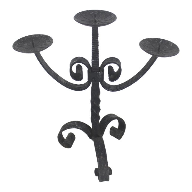 1960s Brutalist Mid Century Modern Wrought Iron Black Pillar Candleholder For Sale