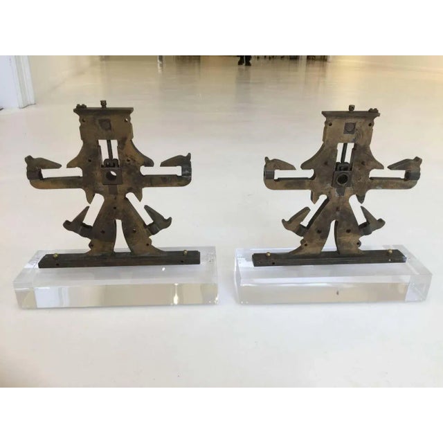 Antique Mechanical Objects on Lucite Stand, Bookends For Sale - Image 4 of 5