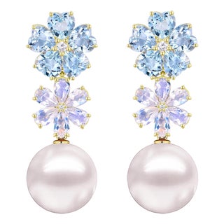 Nina Zhou 8.48ctw Island Blossoms Aquamarine Moonstone Diamond & Freshwater Pearl Convertible Drop Earrings For Sale