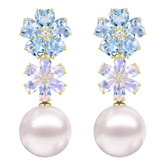 Nina Zhou 8.48ctw Island Blossoms Aquamarine Moonstone Diamond & Freshwater Pearl Convertible Drop Earrings For Sale