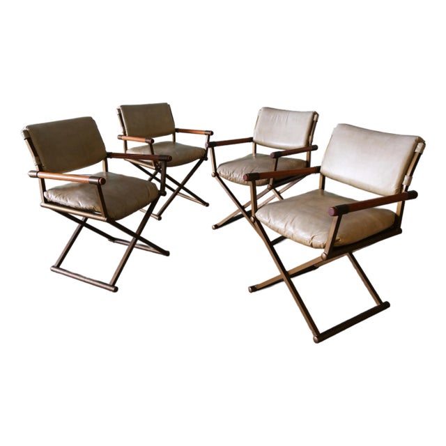 1970s Cal Style Director Chairs Oak Brass and Vinyl Set of 4 For Sale