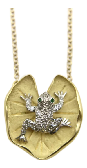 1980s McTeigue Diamond Emerald Platinum and 18k Gold Frog on Lily Pad Necklace