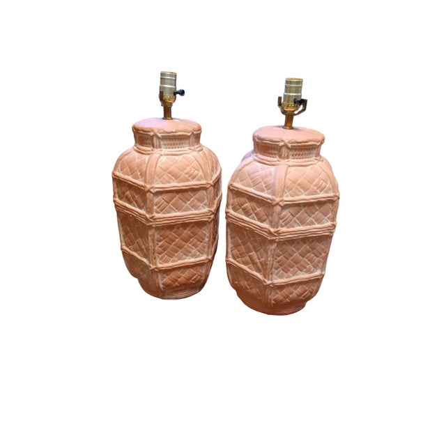 Vintage Pair of Mauve Faux Weave Plaster Lamps For Sale - Image 4 of 4