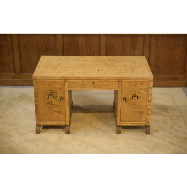 English Desk in Birch Burl with Bee Motif Marquetry, 1950s For Sale - Image 3 of 14