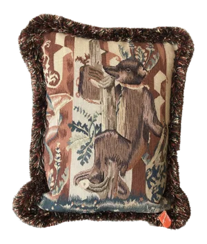 1990s Recreated 15th Century Hand Woven Wool Tapestry Pillow- Bear Left-Facing