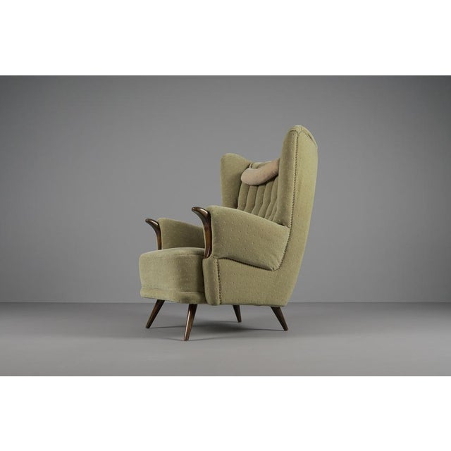 1950s Large Green Italian Wood & Fabric Wingback Armchair, 1950s For Sale - Image 5 of 15