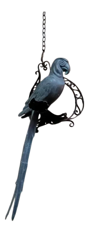 Vintage Brass Patina Parrot Bird Perched on a Rustic Iron Swing