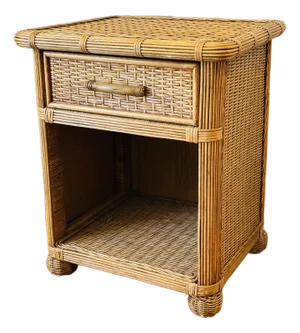 1970s Vintage Woven Rattan Wicker End Table, Night Stand With Drawer